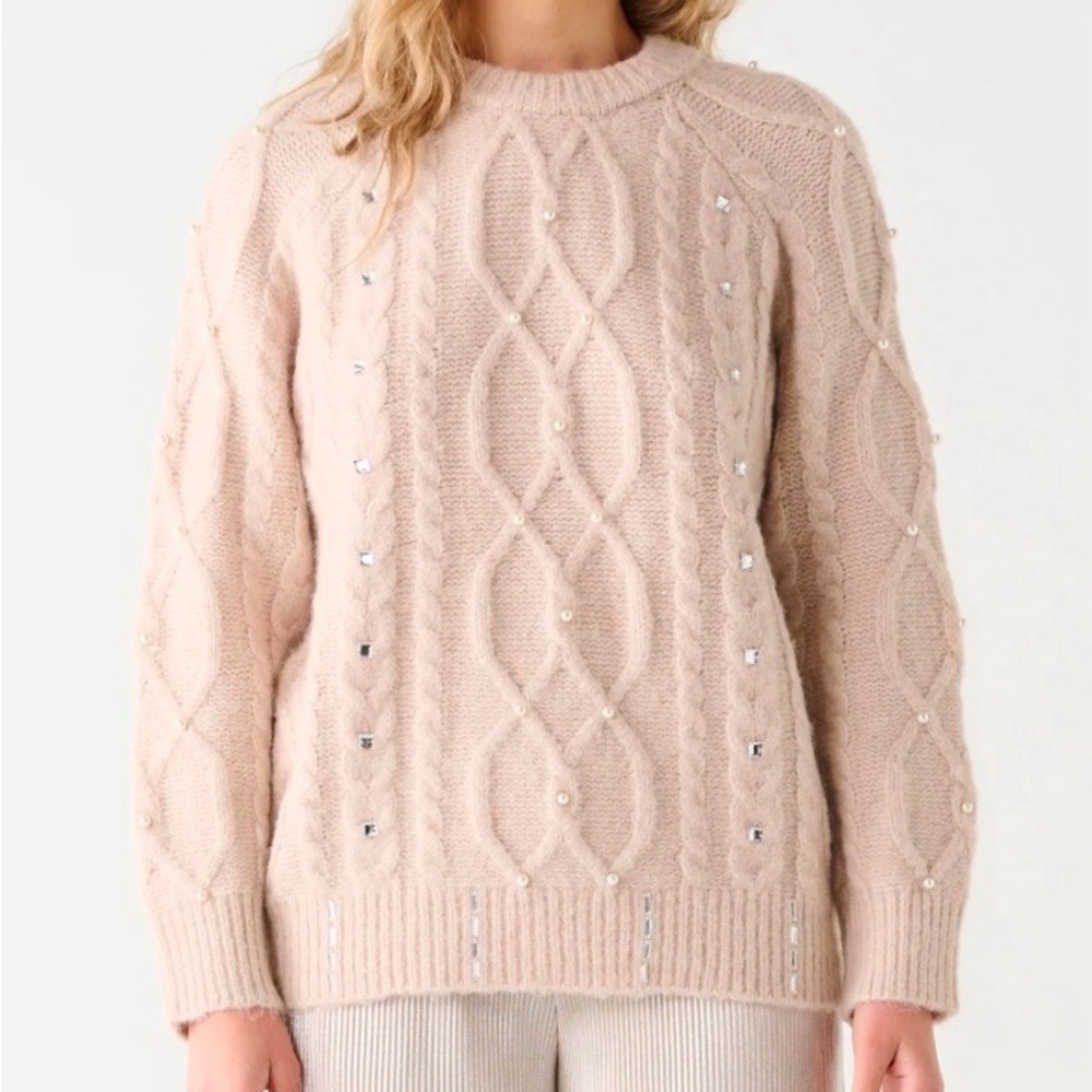 Dex Women's Embellished Cable Knit Sweater Size Large Beige Pullover Pearl Jewel